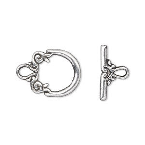 Clasp, Toggle, Double-Sided, Fancy Round, Antique Silver-Plated "pewter" (zinc-based alloy), 15x14mm, 2 sets