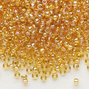 Perline di semi, vetro, #8, rotondo, arcobaleno trasparente, giallo ambrato, acari di Dyna, 10 grammi