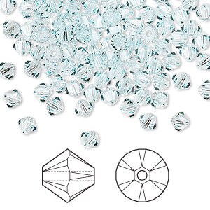 May include: A large pile of light blue crystal beads. The beads are faceted and have a round shape. The beads are approximately 4mm in diameter.