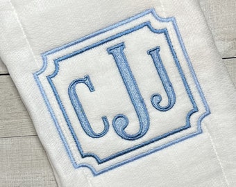 Unisex Square Monogram Burp Cloth, Embroidered Deco Square Monogrammed Bib, Embroidered Bib and Burp Set, Baby Shower Gift for Boy or Girl