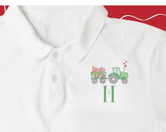 Tractor Valentines Day Polo, Country Hearts Boys Long Sleeve Polo, Hearts and Tractor, Kids Valentines Polo Shirt, Boys V-Day Polo, Tractor