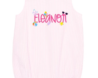 Romper burbuja seersucker rosa, burbuja bordada Gingham de verano rosa para bebés y niños pequeños, burbuja de playa monograma, romper personalizado