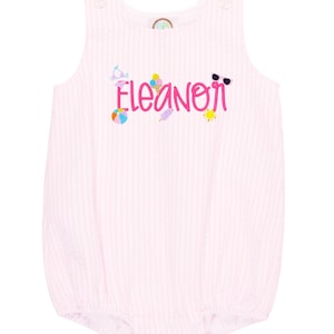 Pink Seersucker Bubble Romper, Baby and Toddler Pink Summertime Gingham Embroidered Bubble, Monogrammed Beach Bubble, Personalized Romper