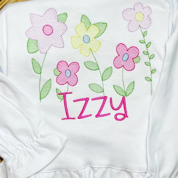 Spring into Floral, Monogram or Name, Ruffle, Long or Short Sleeve, Sizes Baby to Girls, Embroidered, Personalized, Shirt, Blouse Top, Gift