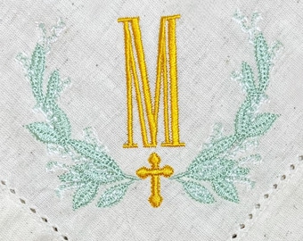 Custom Embroidered Lily of the Valley with Cross Dinner Napkins, Classic Hemstitch Dinner Linen Napkins, 20 x 20, Spring Table Linens