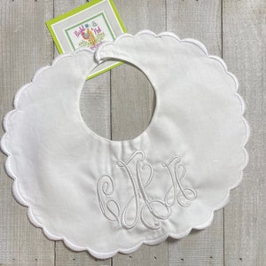 Personalized, Monogrammed, Embroidered, Baby, Baptism, Birth, Christening, Heirloom, Scalloped White, Blue, Green, Gray, Boy, Girl,Bib, Gift