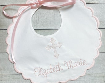Personalized Embroidered Baby Baptism Bib, Christening Bib, Heirloom Cross Bib