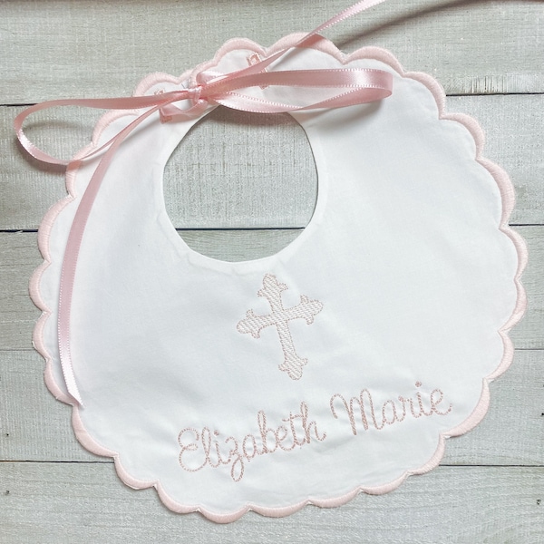 Personalized Embroidered Baby Baptism Bib, Christening Bib, Heirloom Cross Bib