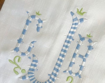 Monogrammed Blue and White Hemstitch Linen Guest Hand Towel, Embroidered Blue Linen Tea Towel, Housewarming Gift, Perfect Hostess Gift, Tea