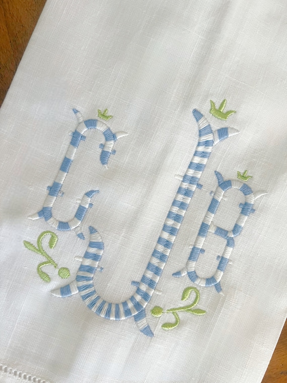Monogrammed Blue and White Hemstitch Linen Guest Hand Towel, Embroidered Blue Linen Tea Towel, Housewarming Gift, Perfect Hostess Gift, Tea