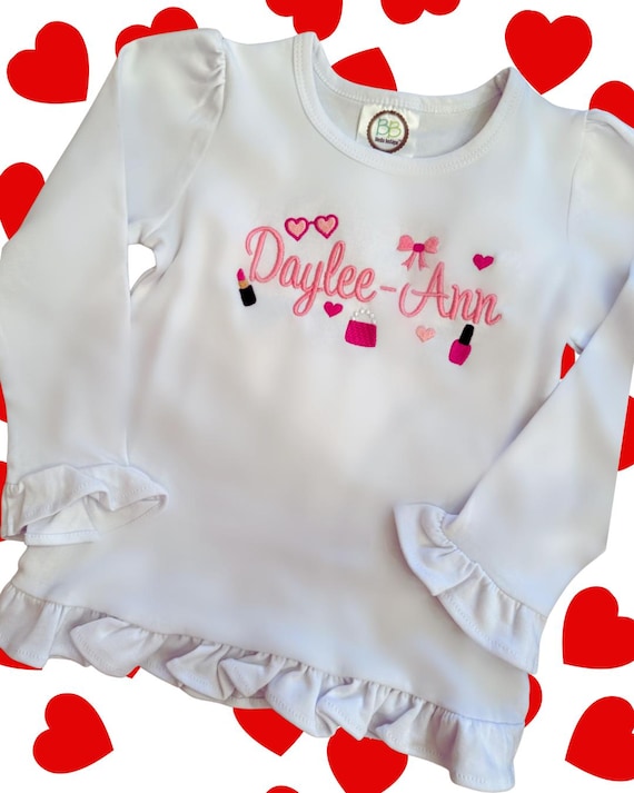 Personalized Valentine’s Makeup Shirt for Girls | Embroidered Toddler Heart Name Shirt | Ruffle Sleeve Toddler Valentine Outfit