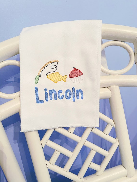 Unisex Fishing Burp Cloth, Embroidered Fishing Bib, Bib and Burp Set, Baby Shower Gift