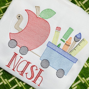 Unisex, Embroidered Name, Back to School Shirt, Worm and Apple School Outfit, Long Sleeve, Short Sleeve, Ruffle, Plain, Fast Ship