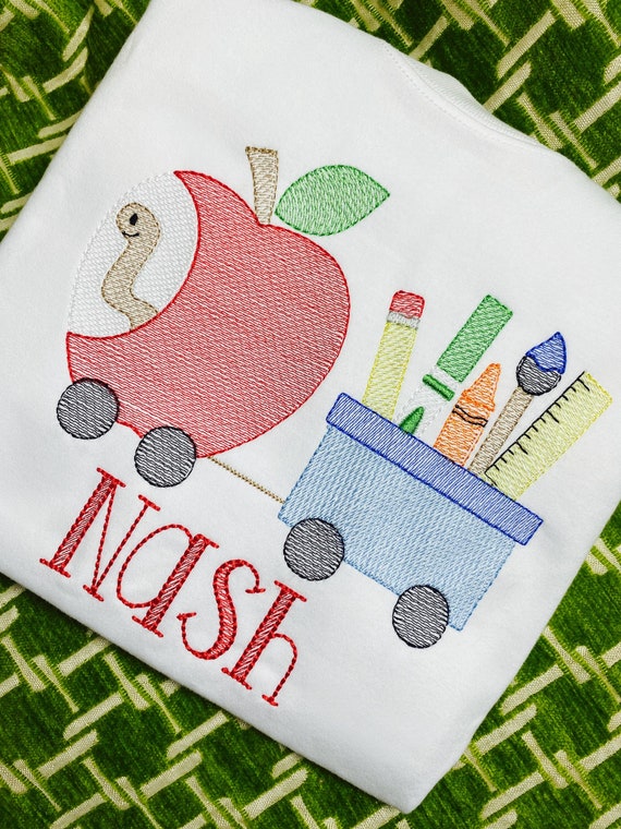 Unisex, Embroidered Name, Back to School Shirt, Worm and Apple School Outfit, Long Sleeve, Short Sleeve, Ruffle, Plain, Fast Ship