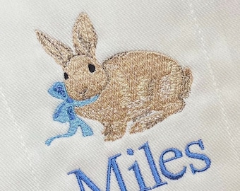 Unisex Bunny Rabbit Monogram Burp Cloth Bib, Embroidered Bunny and Bow Burp Cloth, Rabbit Baby Burp Cloth, Baby Shower Gift