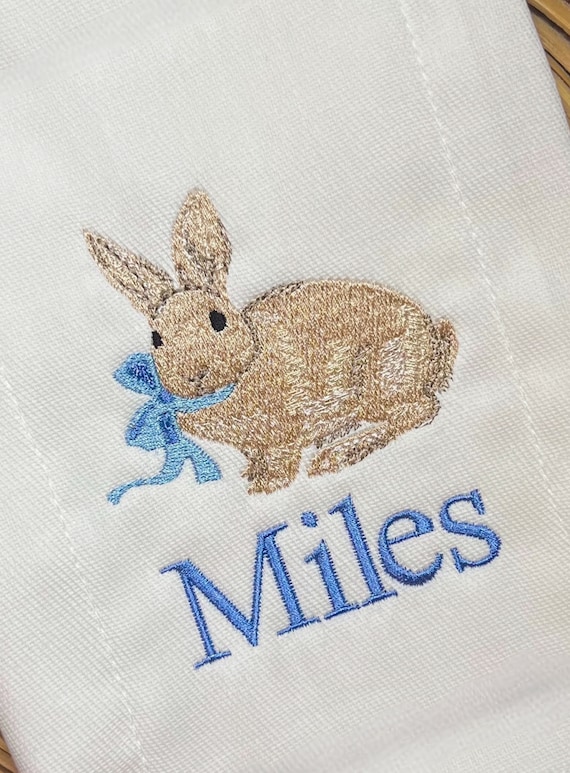 Unisex Bunny Rabbit Monogram Burp Cloth Bib, Embroidered Bunny and Bow Burp Cloth, Rabbit Baby Burp Cloth, Baby Shower Gift