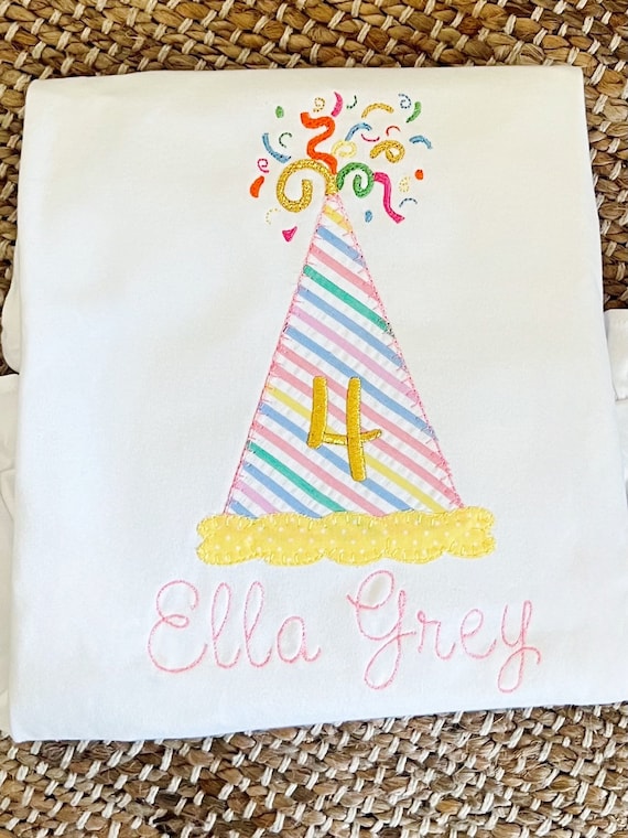 Embroidered Birthday Party Hat Shirt, Personalized Birthday Kids Shirt, Appliquéd Happy Birthday Outfit