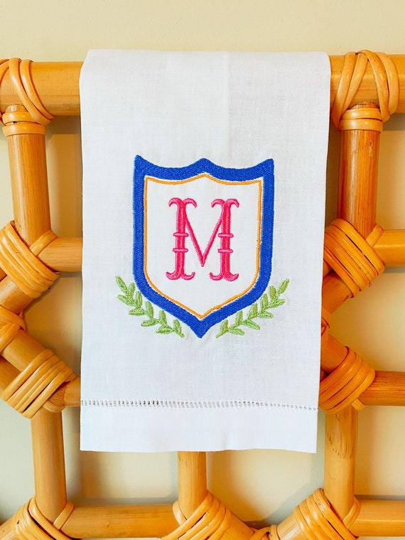 Embroidered, Monogram, Initial Crest, Vine Design, 14 x 22 Classic Hemstitch Hand, Guest Towel, Personalized, Bathroom, Wedding, Decor, Gift