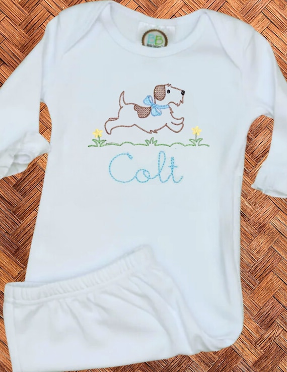 Running Dog with Bow Gown/Shirt, Toddler Baby Dog Bubble Suit, Embroidered Puppy Baby Outfit, Kids Dog with Bow Shirt, Puppy Baby Shower