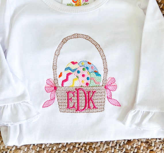 Embroidered Easter Basket and Bows Shirt, Long Sleeve, Short Sleeve, Sizes 6 Months to 12 Y, Girls Easter Shirt, Boys Easter Basket Shirt