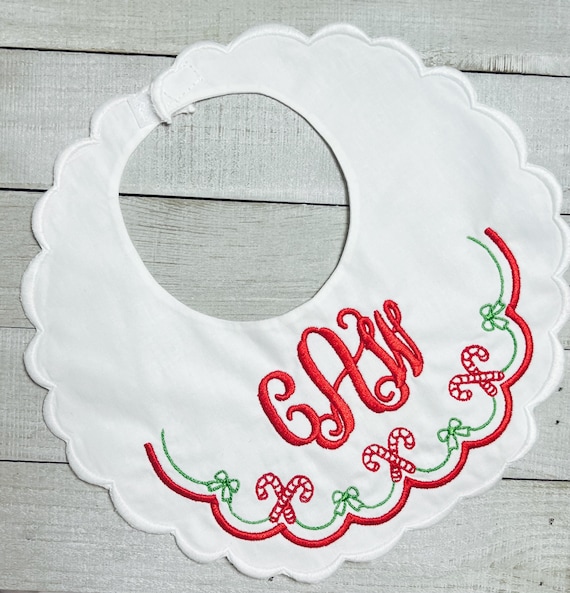 Embroidered Christmas Scalloped Bib with Monogram, Monogrammed Candy Cane and Bows Bib