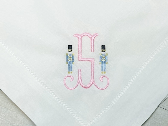 Embroidered Monogrammed Nutcracker Dinner Napkins, Holiday Napkins, Classic Hemstitch Linen Napkins, Set of Dinner Party Napkins, 20 x 20