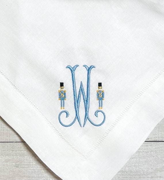 Embroidered Monogrammed Nutcracker Dinner Napkins, Holiday Napkins, Classic Hemstitch Linen Napkins, Set of Dinner Party Napkins, 20 x 20
