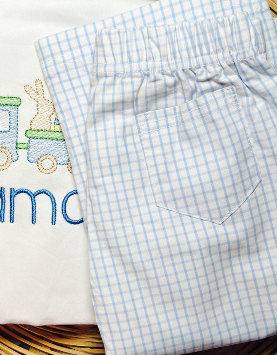 Toddler Boys Blue Gingham Pants, Kids Straight Leg Pants, Sizes 12 Months to 6 years