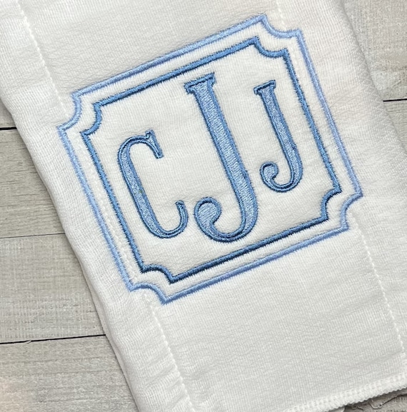 Unisex Square Monogram Burp Cloth, Embroidered Deco Square Monogrammed Bib, Embroidered Bib and Burp Set, Baby Shower Gift for Boy or Girl