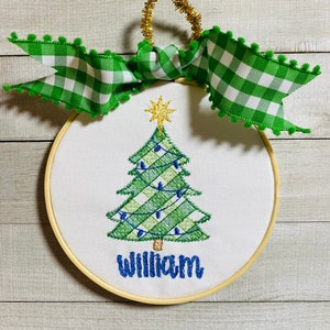 Personalized Gingham Christmas Tree Ornament, Boy, Family, Canvas, Gift