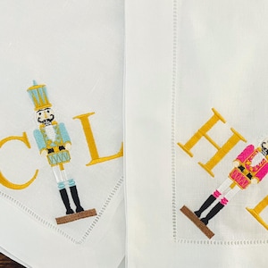 Embroidered Drummer Nutcracker Monogrammed Christmas Dinner Napkins, Holiday Nutcracker Decor, Nutcracker Table Linen, Drummer Dinner Napkin