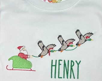 パーソナライズされた刺繍のクリスマスサンタとアヒルのシャツ、クリスマスマラード長袖、半袖、フリル、無地、子供用ハンティング