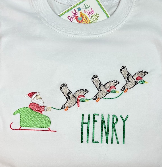 Personalized Embroidered Christmas Santa and Ducks Shirt, Christmas Mallard Long Sleeve, Short Sleeve, Ruffle, Plain, Kids Hunting