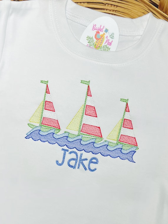 Embroidered Sailboats and Name Kids Shirt, Baby Summer Outfit, Toddler Summer Shirt, Boys and Girls Beach Boat Top, Toddler Sailboat Bubble