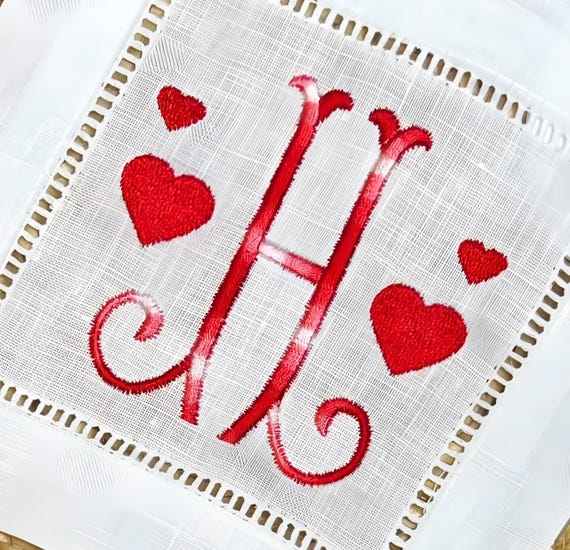 Embroidered Monogrammed Heart Cocktail Napkins, Valentines Linen Cocktail Napkins, Housewarming Hostess Gift, Party Decor, Monogrammed Linen