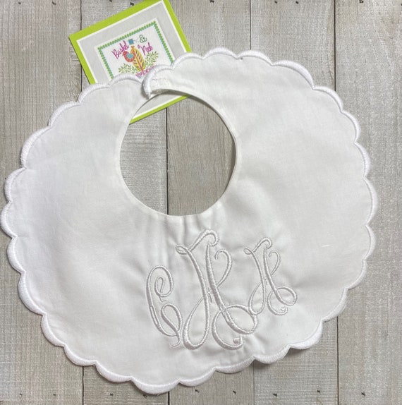 Personalized, Monogrammed, Embroidered, Baby, Baptism, Birth, Christening, Heirloom, Scalloped White, Blue, Green, Gray, Boy, Girl,Bib, Gift