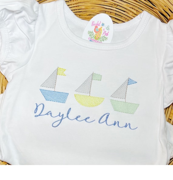 Embroidered Sailboats and Name Kids Shirt, Baby Summer Outfit, Toddler Summer Shirt, Boys and Girls Beach Top, Sizes 6 Months to 12 Youth