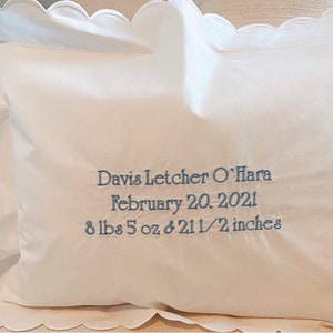 Annuncio di nascita personalizzato, ricamato, per sempre, bianco, con bordo smerlato, 12x16, per neonati, cimelio, ricordo, cameretta, boudoir, cuscino, regalo