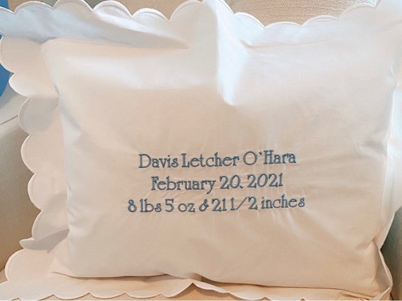 Personalized, Embroidered, Forever Birth Announcement, White, Scallop Trim, 12x16, Baby, Heirloom, Keepsake, Nursery, Boudoir, Pillow, Gift
