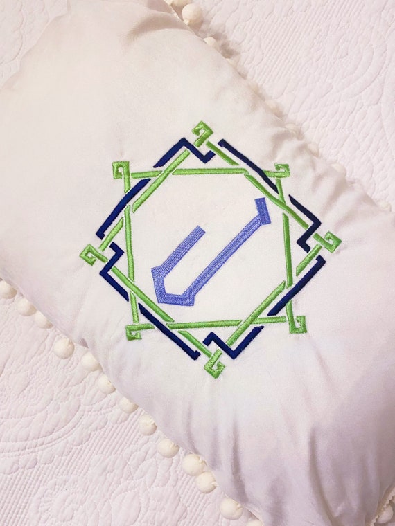 Embroidered Monogram Velvet Lumbar Throw Pillow with Insert, Diamond Border