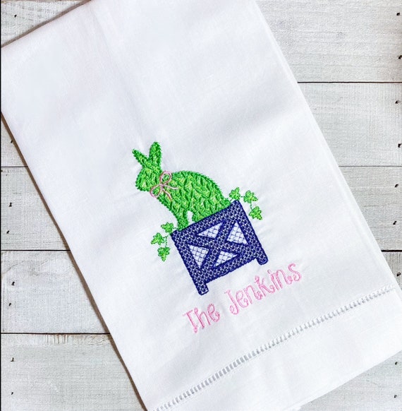 Personalized, Embroidered, Bunny, Rabbit, Topiary, Spring, Classic, Hemstitch Guest Towel