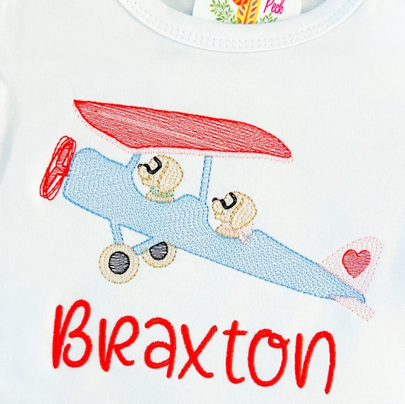 Embroidered Name, Valentine’s Day Pups and Plane Shirt, Flying Pups and Heart V-day, Toddler Valentine's Plane Shirt, Valentine Dogs Shirt