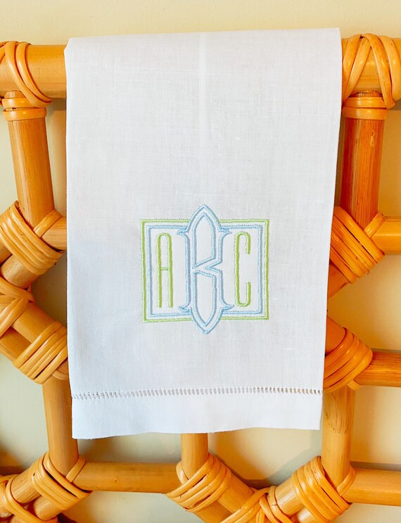 Set of 2 Embroidered, Monogramed Square Border Classic Hemstitch Guest Towel, Housewarming Gift