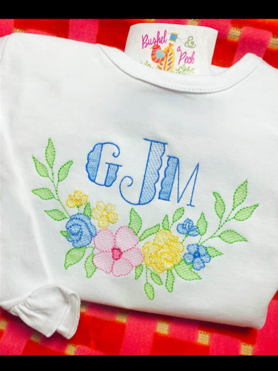 Spring into Floral, Monogram or Name, Ruffle, Long or Short Sleeve, Sizes Baby to Girls, Embroidered, Personalized, Shirt, Blouse Top, Gift