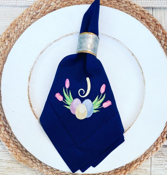 Embroidered, Monogram, Easter Eggs, Spring, Navy, White, Tulips, 20 x 20 Dinner Napkins, Guest Towel