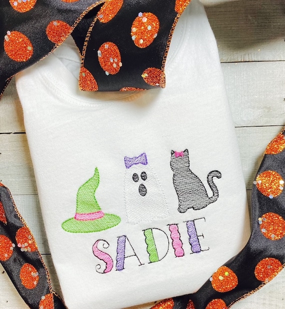 Halloween Trio, Cat, Ghost, Witches Hat, Girls Festive Shirt, Layette, Gown, Gift