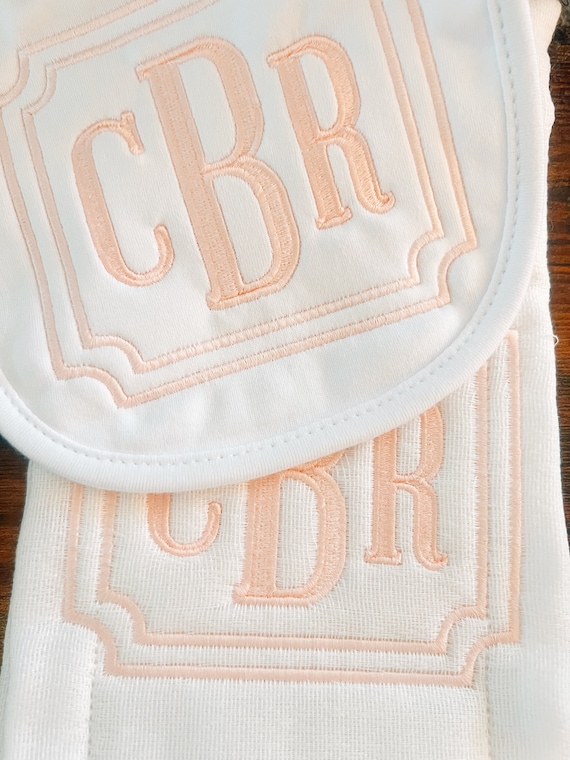 Unisex Square Monogram Burp Cloth, Embroidered Deco Square Monogrammed Bib, Embroidered Bib and Burp Set, Baby Shower Gift for Boy or Girl