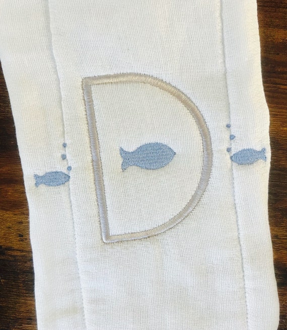 Embroidered Monogrammed Little Fish Baby Bloomers, Burp Cloth Set,Bloomers, Gender Neutral, Baby Fish Bib, Embroidered Fish Beach Layette