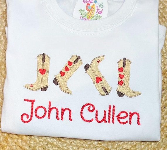 Embroidered Cowboy Valentines Shirt, Toddler Cowboy & Hearts Long Sleeve, Ruffle, Plain, Western Valentines Day Shirt, Yeehaw Kids VDay Top