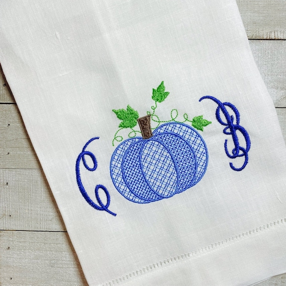 Personalized, Embroidered, Initials, Monogram, Pumpkin, Fall, Thanksgiving, Holiday, Classic, Hemstitch, Linen, Guest Towel